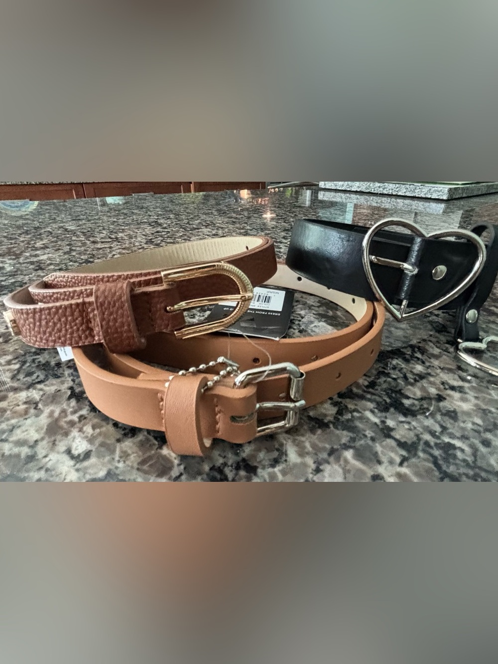Women’s Tan and Black Leather Belt Set with Heart and Gold Buckles